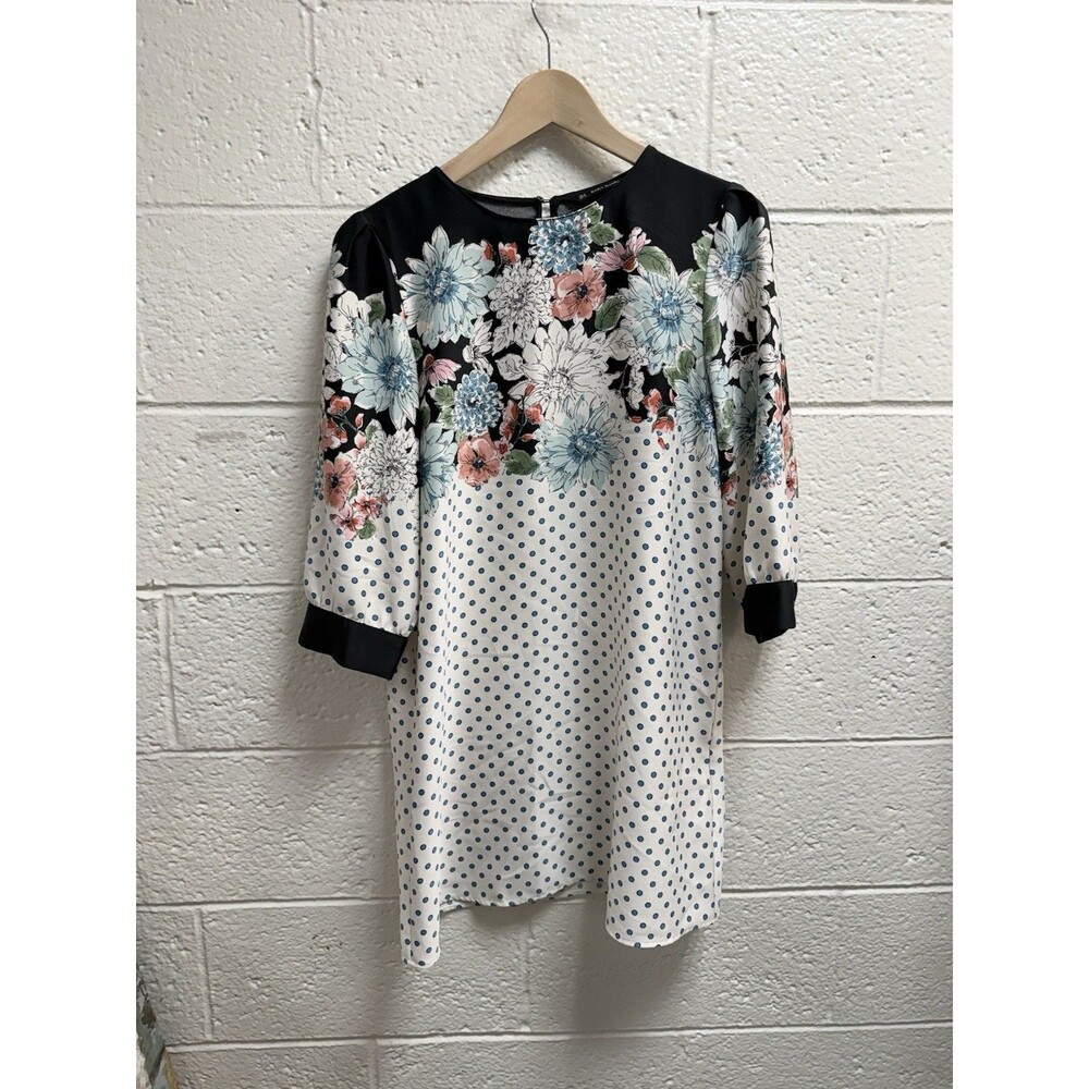 Zara Basic Dress Womens Med. Mini Shift 3/4 Sleeve Floral Polka Dot Tunic Medium